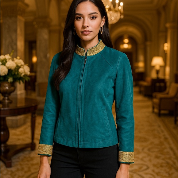 VTG JDS Collection Teal Suede Zip Jacket Gold Trim Women’s Size Small Elegant - Picture 2 of 13